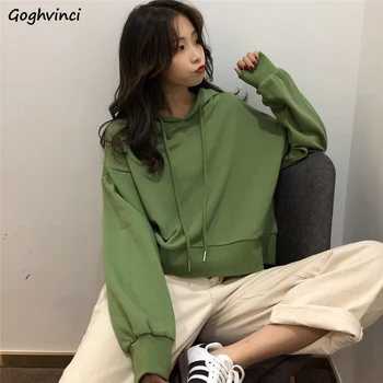 

Hoodies Women Short Loose 2XL Hooded Solid Candy Color Sweet Kawaii All-match Simple Harajuku Korean Style Ladies Pullover Chic