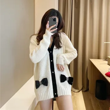 

2020 New Spring Women Sweater Casual Fashion Long Sleeve Cardigans Bow Diamond Knitted Single Breasted Patchwork White Korean