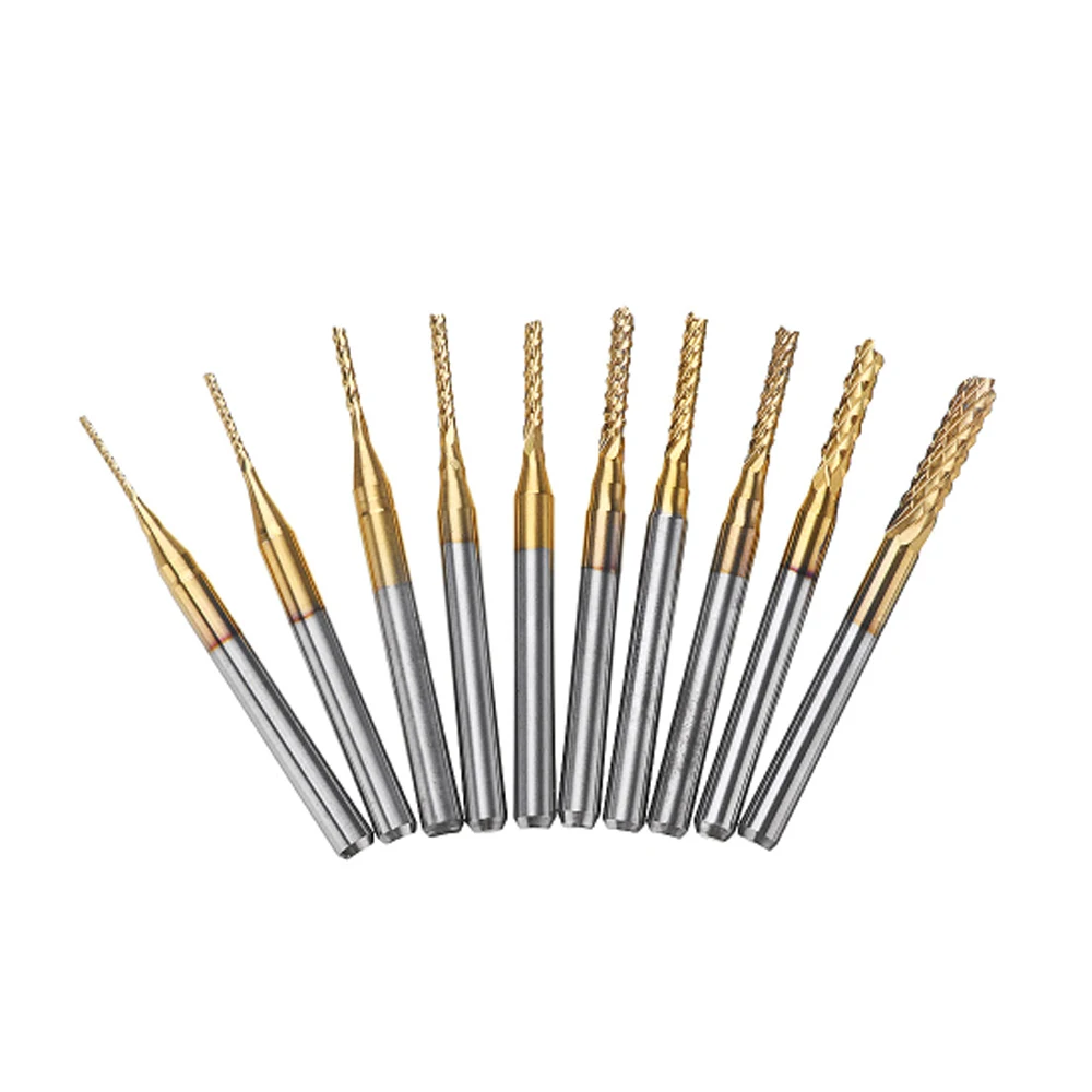 

10pcs 1.0-3.0mm PCB Engraving Bit Drill Bit Set Carbide End Mill 1/8" Shank Titanium Coated CNC Milling Cutter For PCB Machine