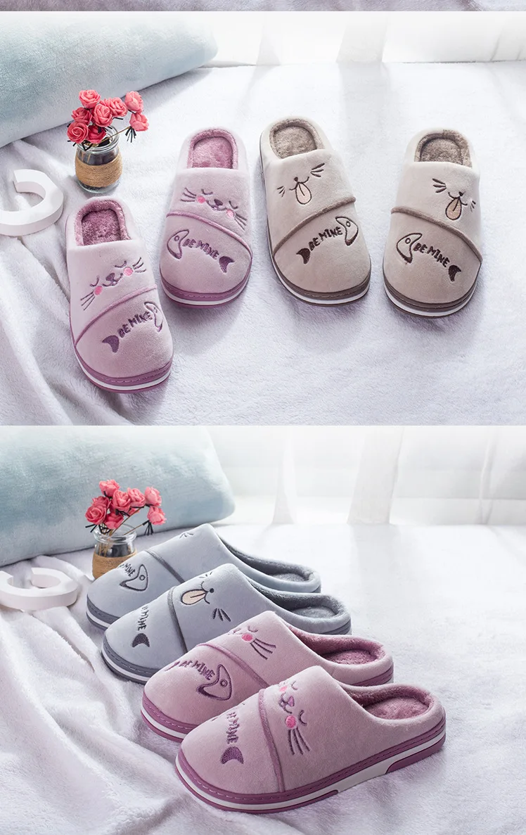 Милые зимние домашние тапочки для пары; повседневная мягкая обувь на плоской подошве с рисунком кота из мультфильма; женские домашние тапочки без застежки размера плюс