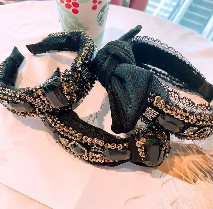 Барокко ручной работы горный хрусталь широкая сторона с бантом hairband шикарный женский черный головной убор