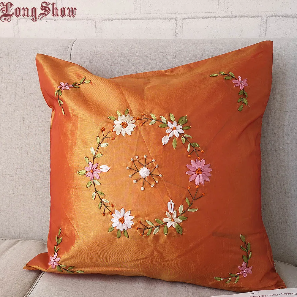 

45x45cm Square Creative Orange Color Handmade Ribbons Crafts Embroidered Silk Pillow Case