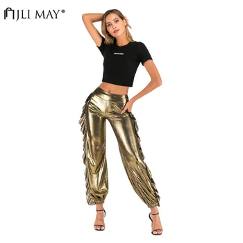 

JLI MAY Women Cotton Casual Pants High Waist Ankle-Length Loose Ruffles Patchwork Disco Pencil Pant Solid