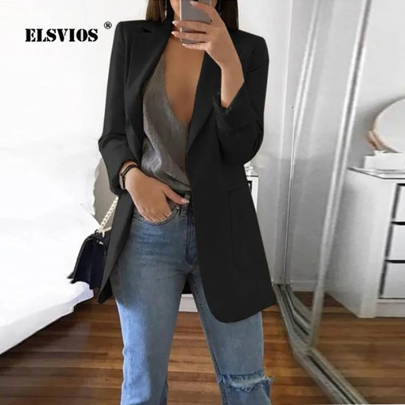 ELSVIOS 5XL повседневное осеннее пальто с длинными рукавами и отложным воротником