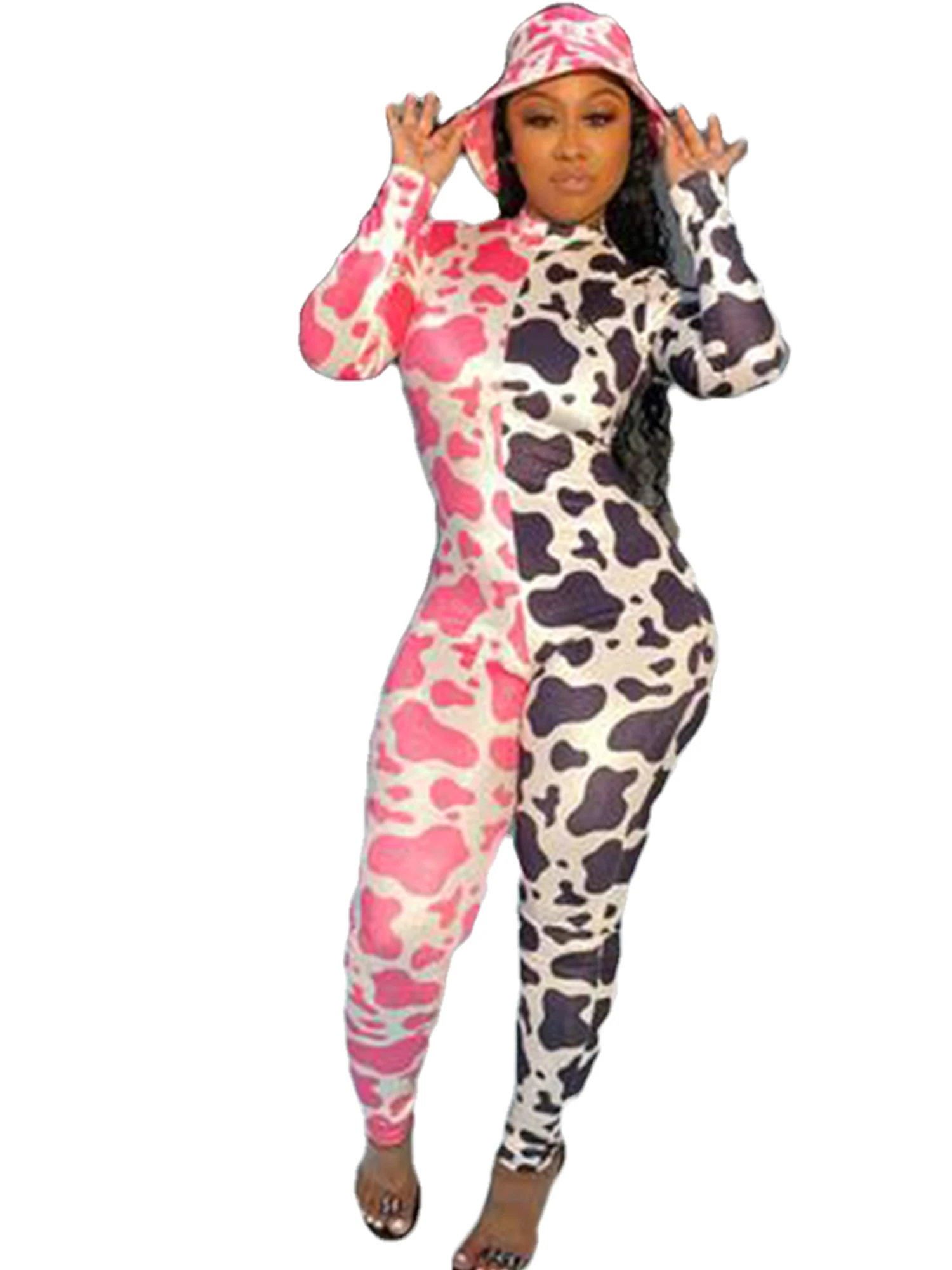 

Cow Pattern Print Patchwork Jumpsuit Rompers One-piece 2020 Sexy Women Deep V-neck Long Sleeve Zip Up Jumpsuit Club Streetwear