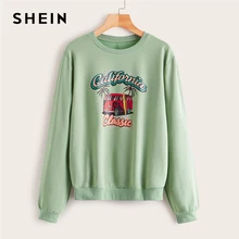 SHEIN Green Letter And Car Print Casual Sweatshirt Pullover Tops Women Autumn Long Sleeve Basic Ladies Fashion Sweatshirts