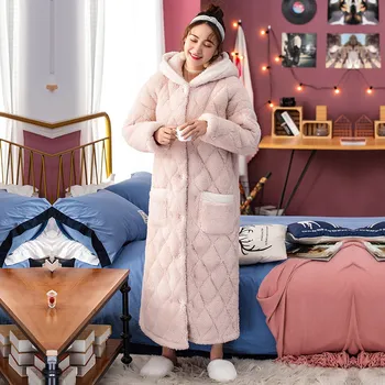 

Pink Long Nightgown Women Flannel Sleepwear Cotton Homewear Winter Thicker Bathrobe Hooded Robe Handguard Pocket Femme Nightwear