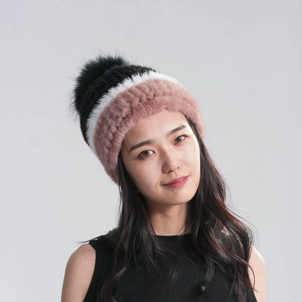 Women's Knitted Mink Hat New Fashion Raccoon Fur Ball Women Winter Headgear Cap Ski cap