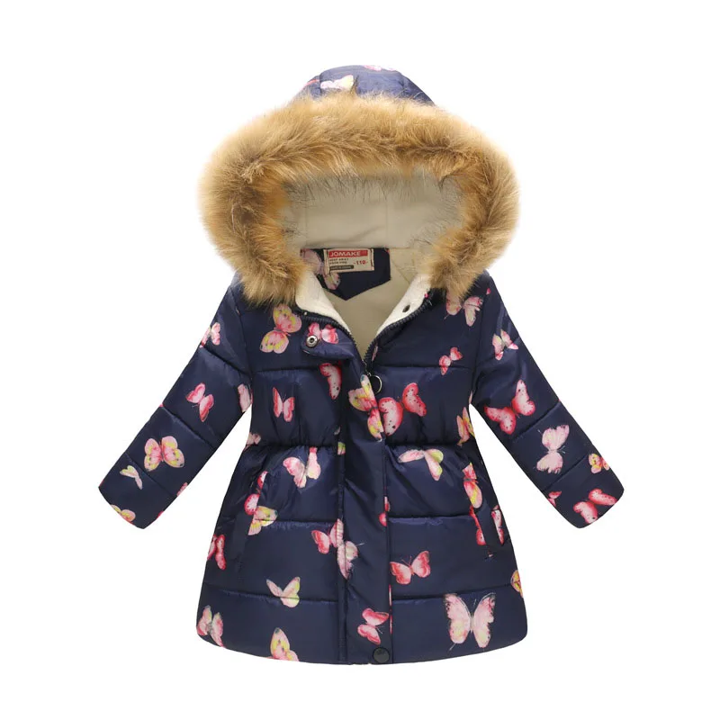 Детское пальто с цветочным рисунком для девочек; хлопковые куртки с капюшоном; теплая верхняя одежда для девочек; Одежда для мальчиков; Модный зимний комбинезон из плотного бархата; парка; пуховые пальто - Цвет: Butterfly On Navy
