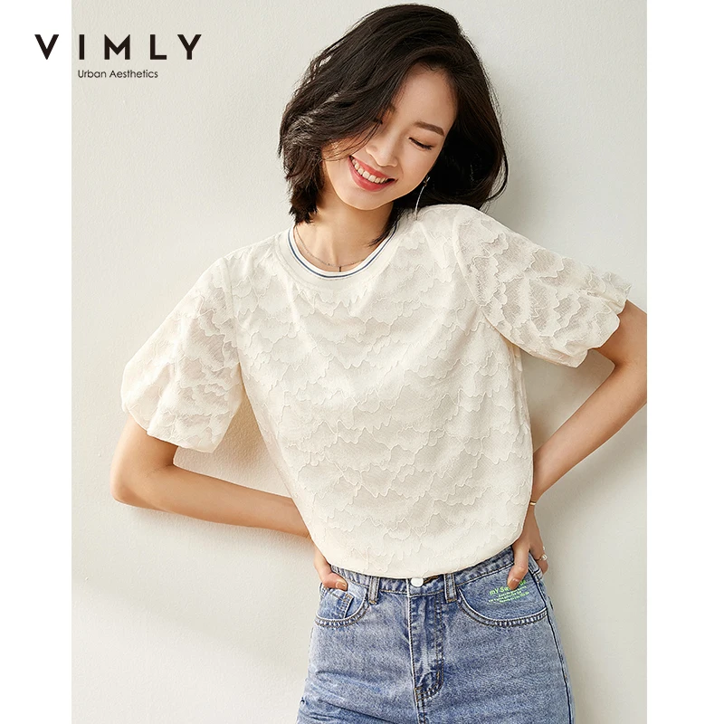 Женская кружевная блузка Vimly элегантная офисная облегающая Однотонная рубашка с