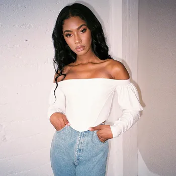 

Sexy Off Shoulder Shirt Women Cropped Tops Long Sleeve Party Elegant New Arrival For Women Blouse Corset