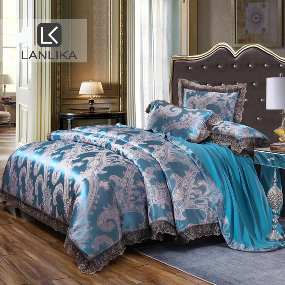 Lanlika Luxury Satin Jacquard Sky Blue Bedding Set Silk Duvet Cover Bed