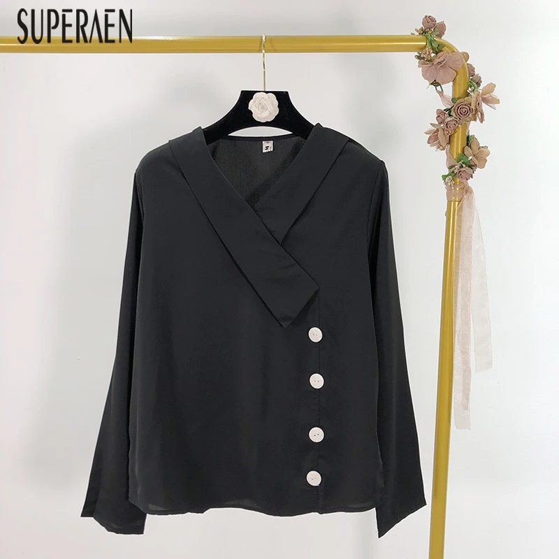 

SuperAen 2019 Autumn New Europe Fashion Women Shirts V-neck Wild Casual Ladies Blouses and Tops Solid Color Women Clothing