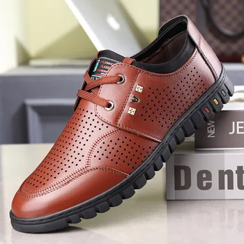

LIMEIKE Summer Men's Leather Casual Shoes Hollow Air-permeable Business Mens Formal Flat Shoes Soft-leather Male Casual Sneakers