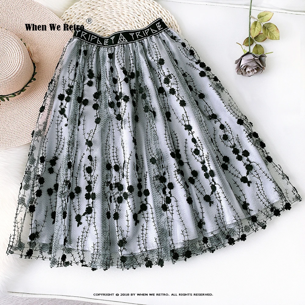 

2021 New Arrival Women Black Embroidery Skirt VD2030 High Waist Summer Long Casual Midi Mesh Skirt