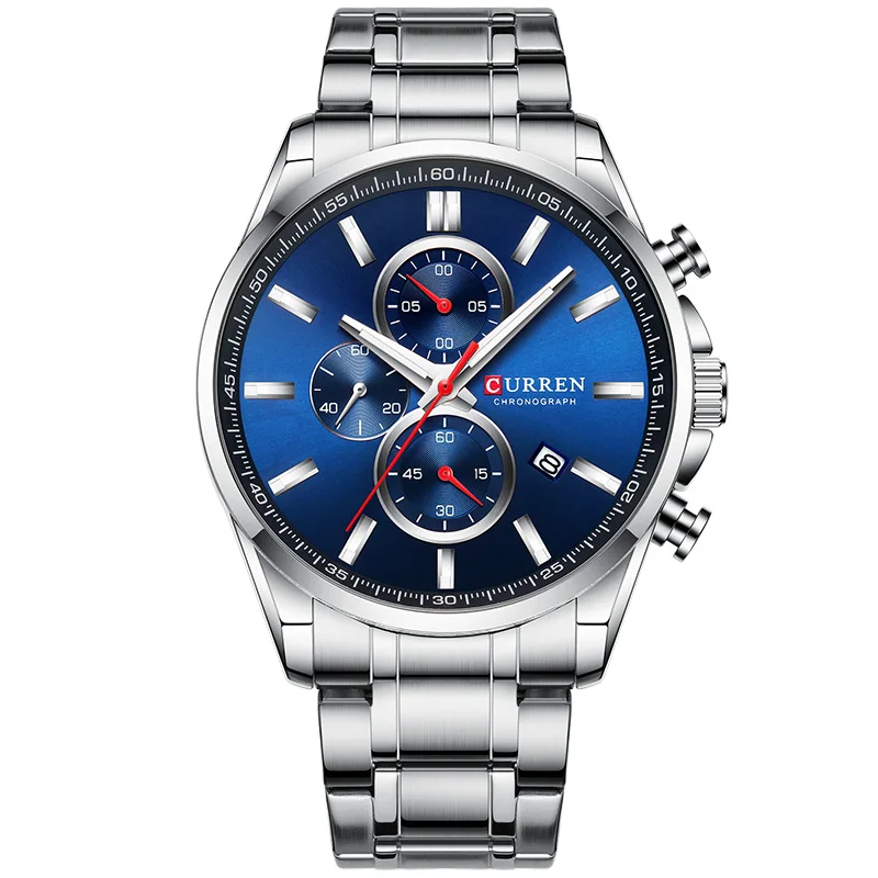 Silver Blue Мужские часы CURREN Топ люксовый бренд хронограф водонепроницаемые кварцевые часы мужские спортивные наручные часы из нержавеющей стали часы для мужчин - Цвет: Silver Blue