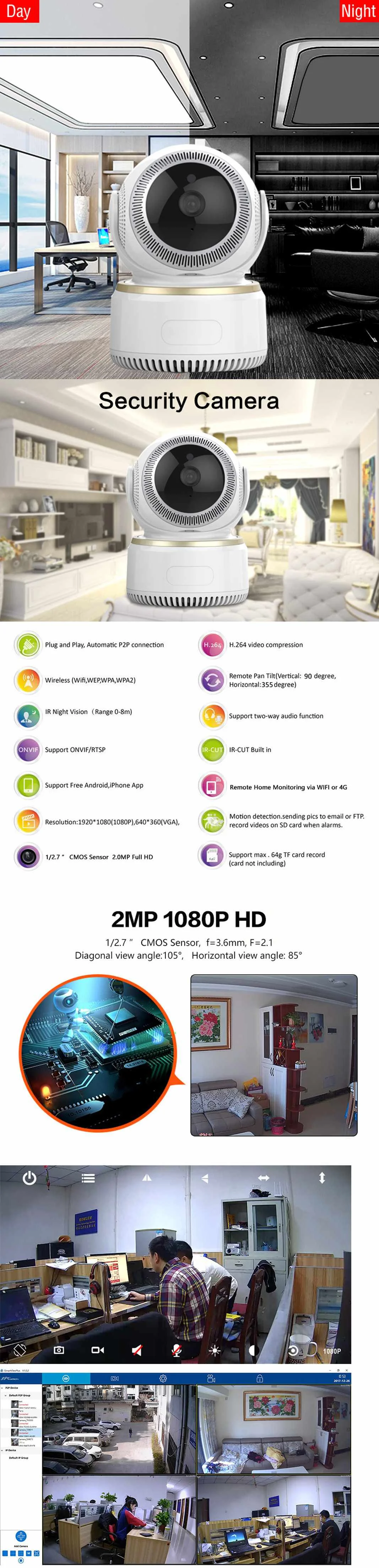 Wifi IP камера 1080P HD аудио 2MP CCTV инфракрасного ночного видения микрофон ONVIF, Привод поворота/наклона для домашнего внутреннего безопасности детские мониторы