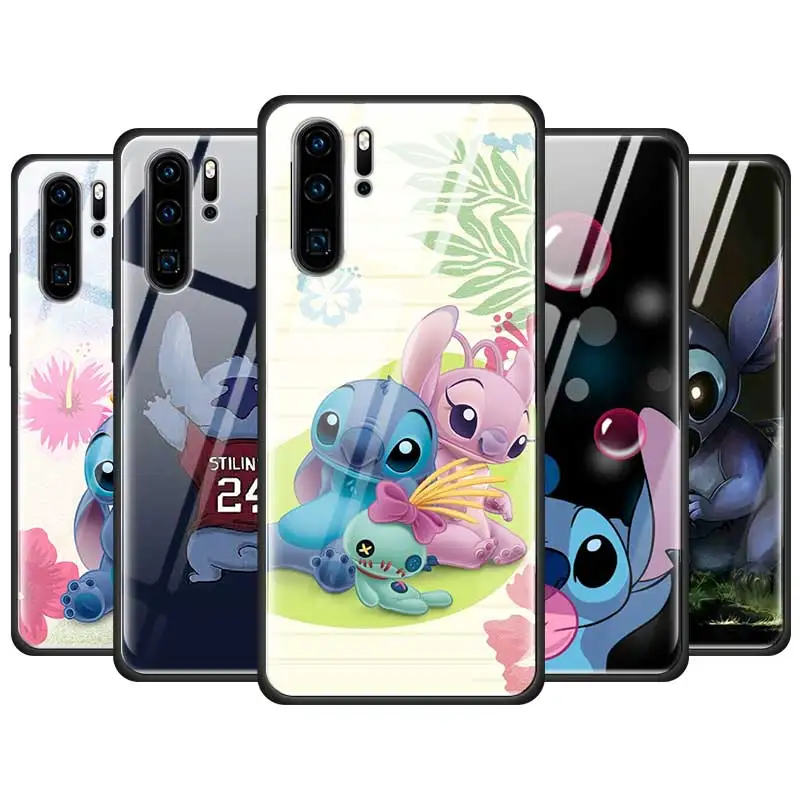 

Cute Lilo Stitch Cartoon Tempered Glass Case For Huawei P30 P20 P10 Mate 30 20 10 Lite Pro Honor 8X Black Silicone Cover Couqe