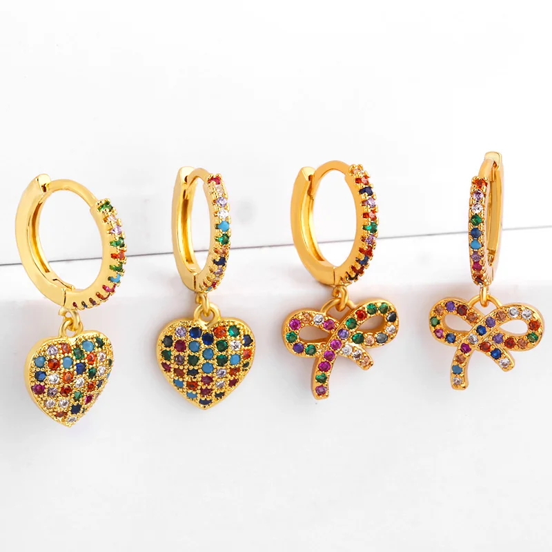 

2019 Gold Bow Heart Drop Earring Colorful Zirconia Rainbow Earrings For Woman Aretes De Moda Huggie Charm Jewelry Gift ers-q71