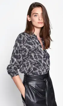 

NEW EQ 100% real silk women long sleeve Abstract black and white line