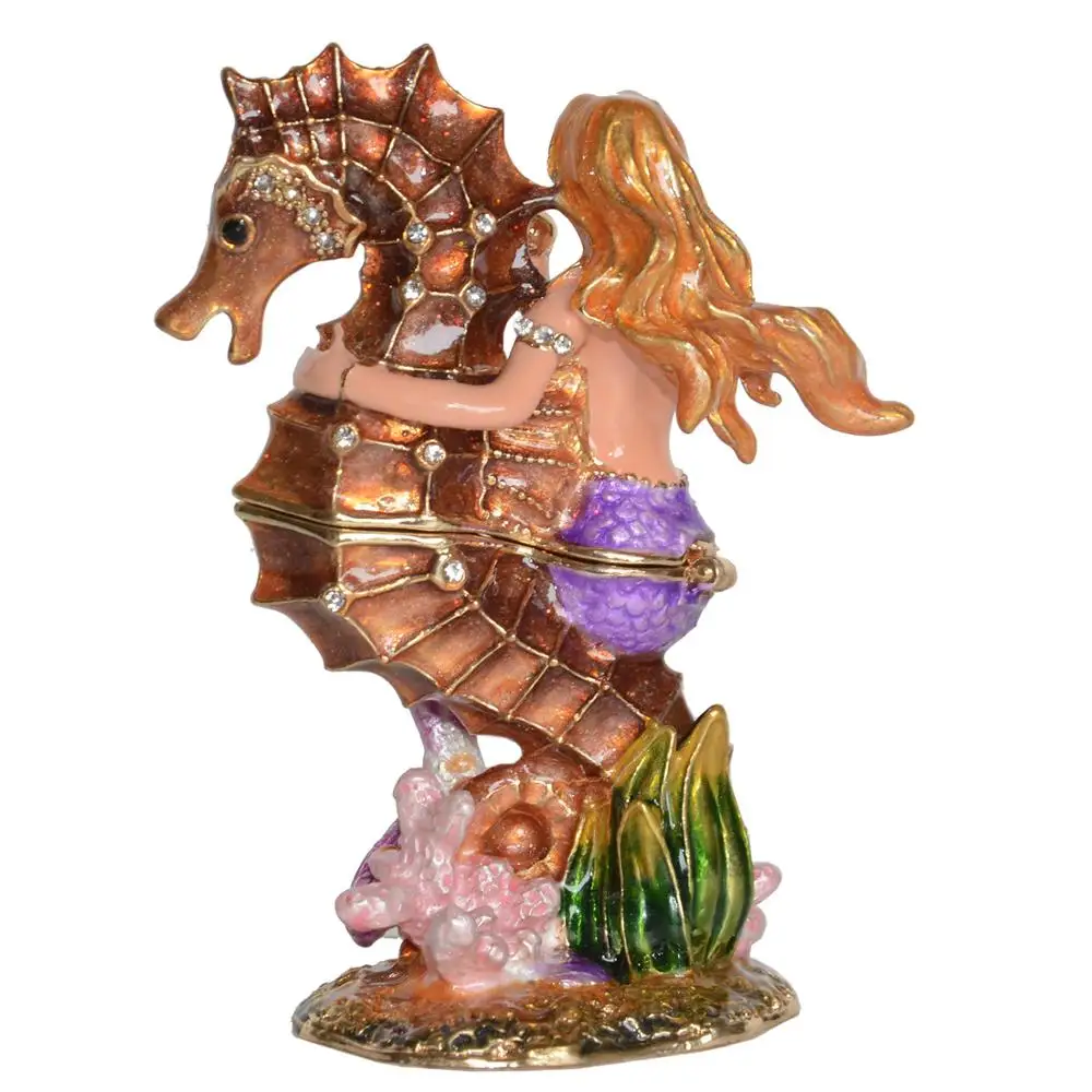Mermaid Trinket Box Seahorse Enameled Jewelry Container, Nautical Decoration Figurine, Collectible Gift