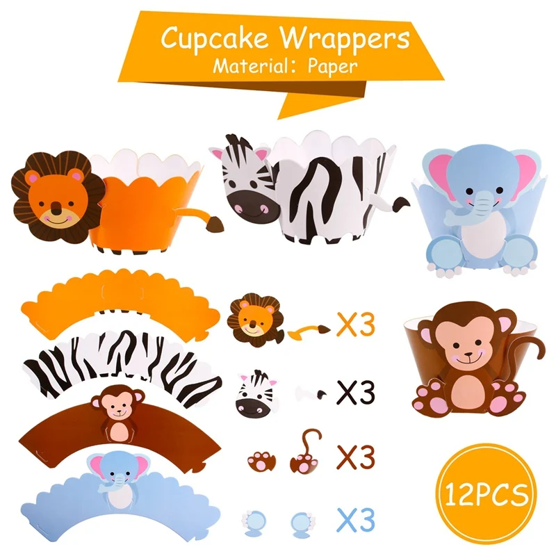 Джунгли вечерние баннер с днем рождения животных торт Топпер Декор кекса с днем рождения украшения для детской вечеринки - Цвет: Cupcake Wrappers