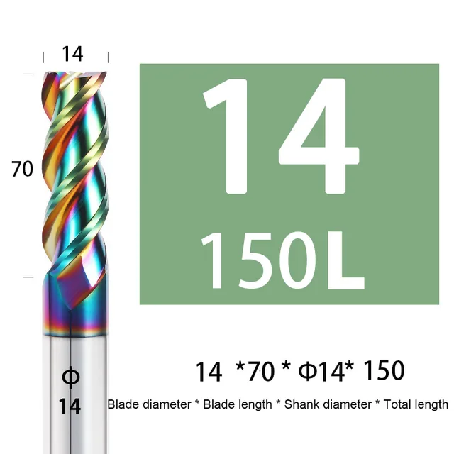 Colorful End Mill Aluminium HRC55 3F Milling Cutter Acrylic Wood Copper Plastic Cutting Tool CNC Maching Milling Tools Endmils 14X70XD14X150L