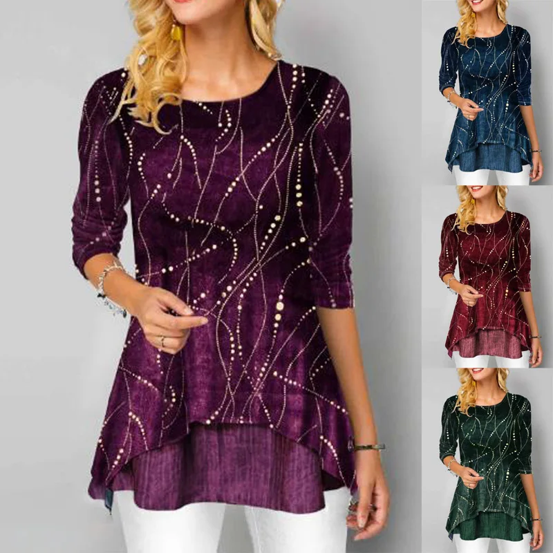Plus Size 5XL O Neck 3/4 Sleeve Women's Tunics Dot Print Female Tunic Blouses Spring 2020 Summer Casual Irregular Hem Lady Shirt