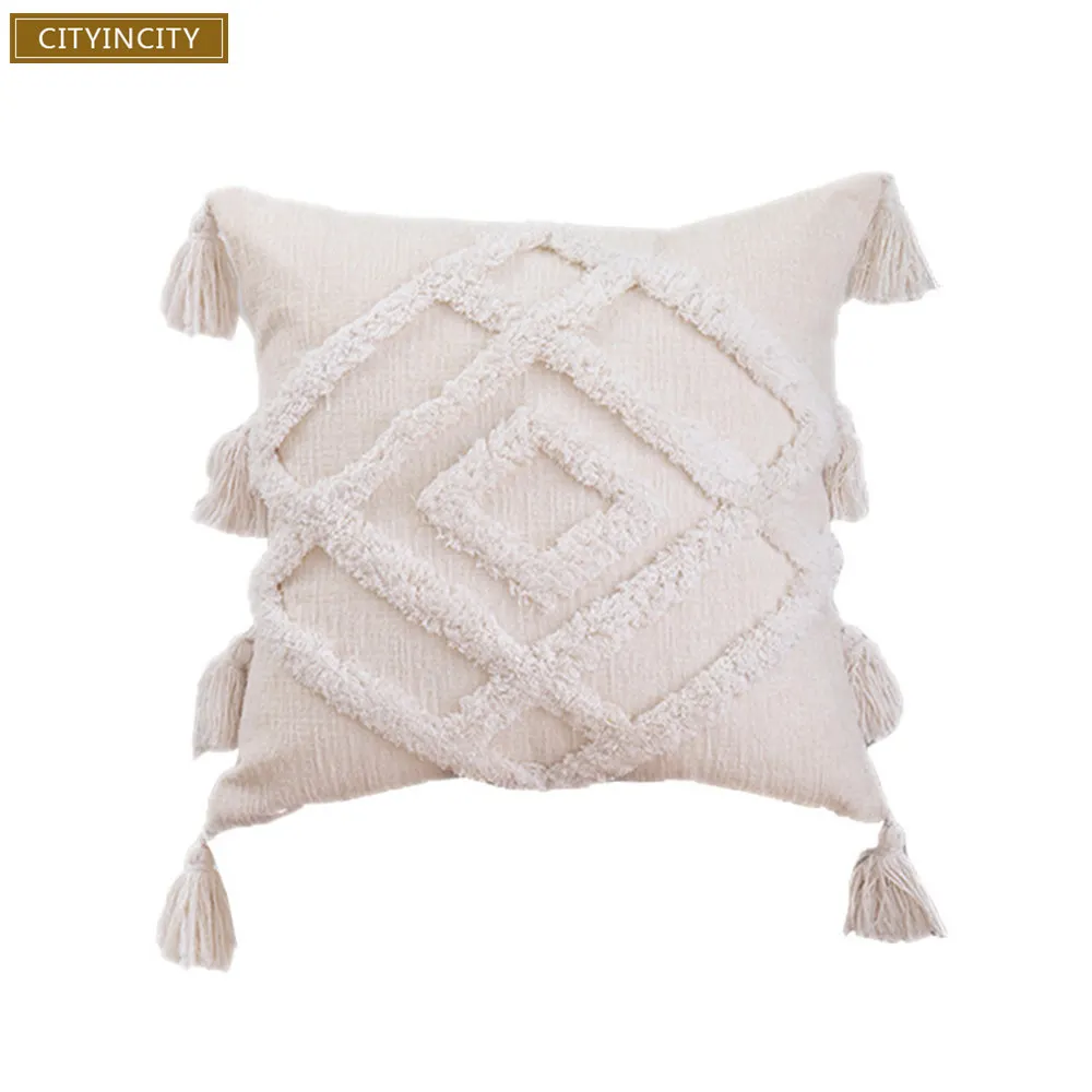 CITYINCITY Tuft Stripe Tassel Cushion Cover Polyester Cotton Modern Elegant Pillow Case  Home Decor For Sofa Bed Car Seat