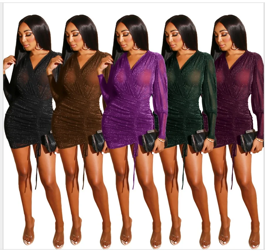 

New Shiny mesh sheer Pleated Bandage Party Dress Women Long Sleeve V neck Bodycon Mini Dress Casual Club Christmas Dress Vestido