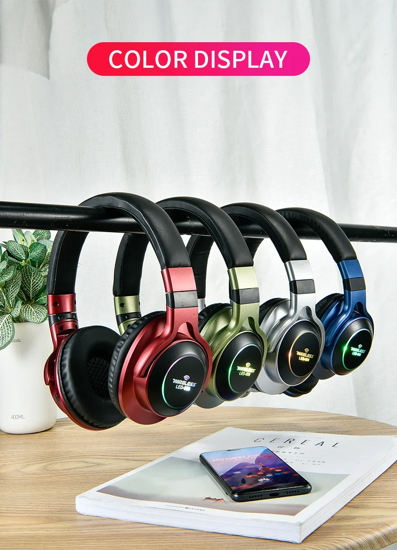 LED 008 Light Wireless Bluetooth Headphones 3D Stereo Earphone With Mic Over Ear Headset Support TF Card FM Mode AUX Audio Jack