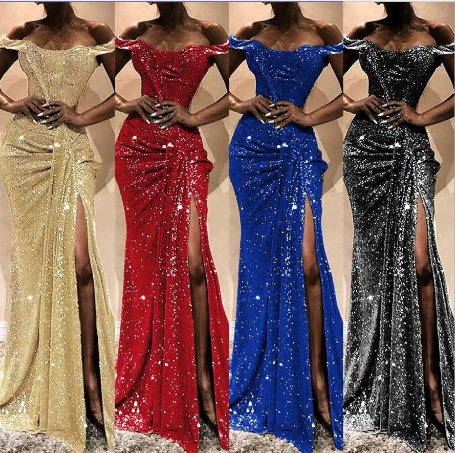 

African Style Elegant Party Sexy Vintage Women Long Dresses off Shoulder slash neck Bodycon Split Female Ruffles Maxi Red Dress