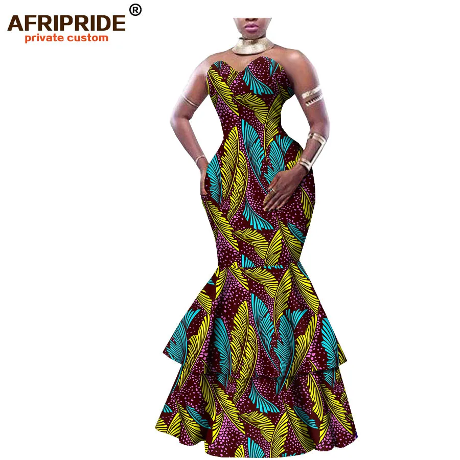 С Африканским принтом Макси платье для женщин AFRIPRIDE портной Русалка без бретелек женское хлопковое торжественное платье 2 слоя подола A1825068
