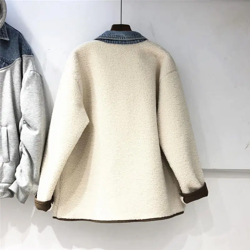 Autumn Winter Lambs Wool Coat Women Patchwork Denim Turn Down Collar Jacket Female Loose Outerwear Overcoat Abrigos Mujer