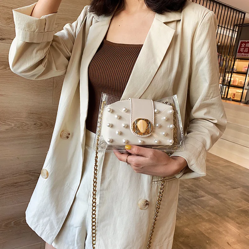 

New Chaozhou Korean Transparent Pearl Jelly Bag ins Chain One Shoulder Oblique Span Small Square Bag 2019