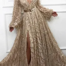 Sexy Champagne cekinowa koronka suknie wieczorowe 2022 dubaj saudyjskoarabski szczelina suknie na bal maturalny z długimi rękawami sukienka na formalną imprezę z paskiem