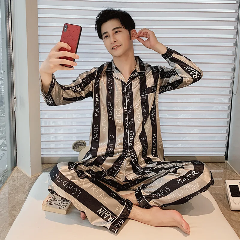 

Men's Pajamas Pants Spring Autumn Lapel Printing Sleepwear Luxury Long-Sleeved Ice Silk Pyjamas Winter Nightie Man Home Wear Set