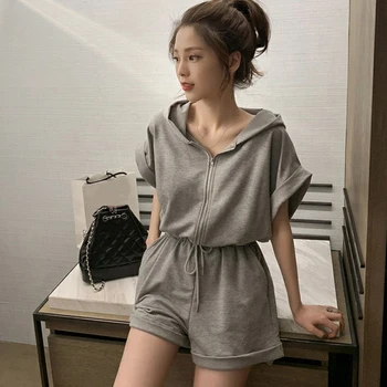 

Summer Leisure Solid Color One-Piece Waist Hooded Sweater Women's Grey Hooded Sweatshirt Sporty Loose Comfortable Jumpsuit