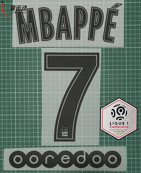 ПСГ вдали черный MBAPPE#7 имя номер набор+ Ligue 1 Чемпион патч+ OOREDOO