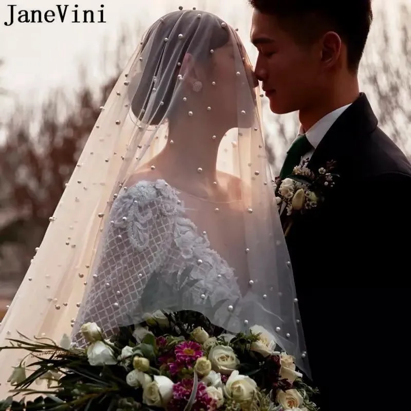 

JaneVini Fashion Wedding Veil with Pearls Luxury Premium Quality White Church Veil Tulle One Layer Long Cathedral Bridal Veils