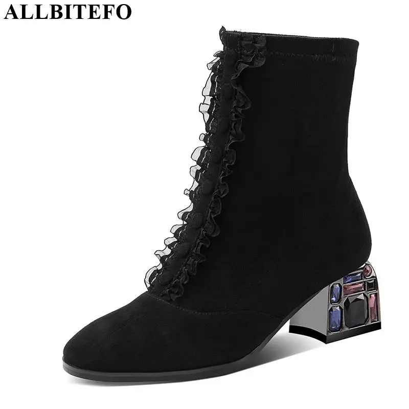 ALLBITEFO/кожаные туфли со стразами; женские ботинки из натуральной кожи без застежки; модные стильные ботильоны; новые модные ботинки; сезон весна-осень