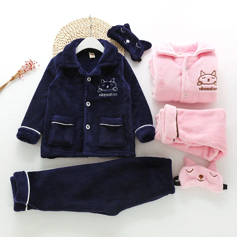 HKXN Winter Pajamas Children Clothing Set Girl Flannel Pajamas Suits Boy Plush Warm Thickened Nightwear Infant Christmas Pajamas