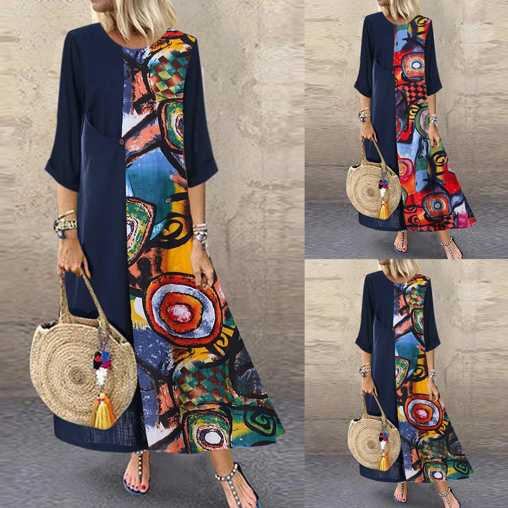 FREE OSTRICH Autumn Dress Winter Loose Print Mid Length Beach Dresses Women O Neck Party Dress Retro Hippie Vestidos 807