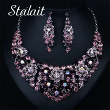 Роскошный цветок Свадебные украшения фиолетовые стразы и кристаллы ожерелье и серьги набор для женщин очаровательные ювелирные изделия