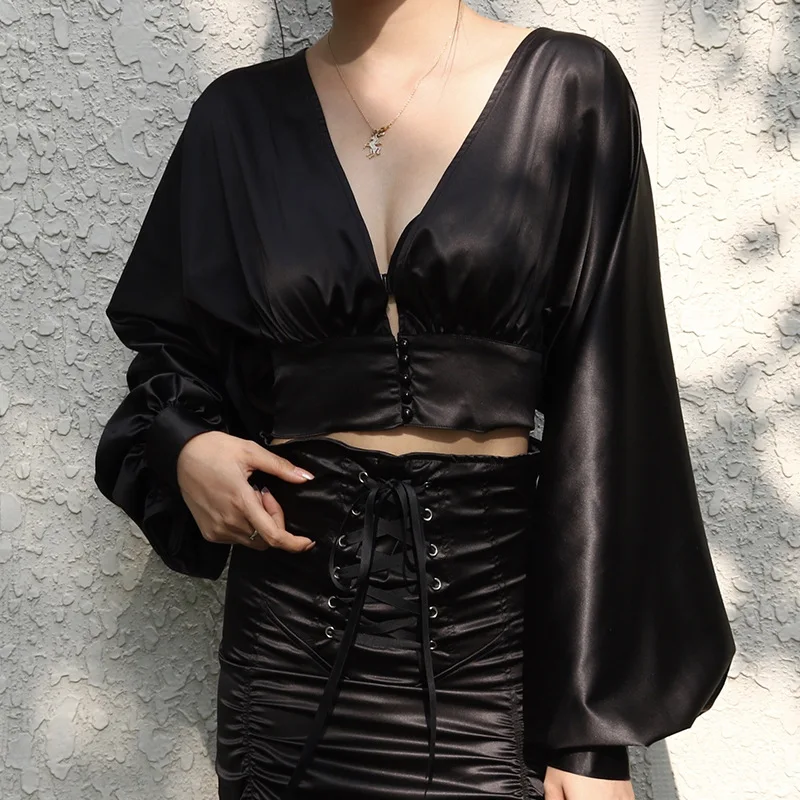 Black Gothic Women Blouse 2021 Autumn Lady Deep-v-neck Sexy Buckle Lantern-long-sleeve Blouse Goth Hipster Cool Short-length Top