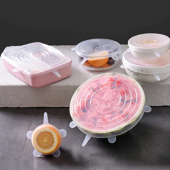 

6PCS/Set Reusable Silicone Seal Bowl Cover Round Square Food Fresh Cookware Lid Stretch Suction Universal Kitchen Accessory Tool