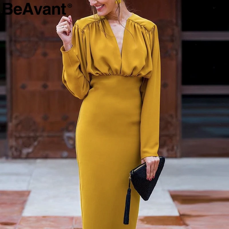BeAvant, элегантное, облегающее, Осеннее, офисное платье, для женщин, v-образный вырез, рукав "летучая мышь", женское, Русалка, платья, высокая талия, тонкая, для девушек, vestidos