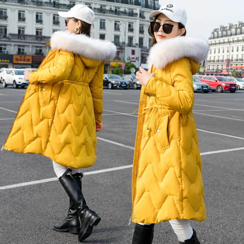 Yellow Парка пальто Длинная зимняя куртка женский меховой воротник с капюшоном женские теплые зимние женские осенние Женское пальто Верхняя одежда стеганая - Цвет: Yellow