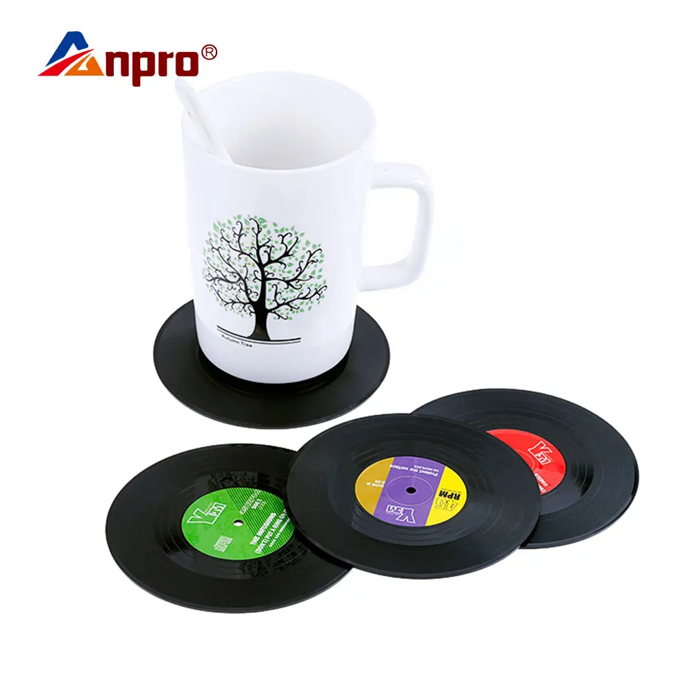

Anpro Vinyl Round Disc Record Coaster Pad Non-Slip Environmental Plastic Thermal Insulation Mug Coaster Table Placemats