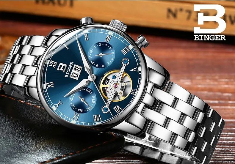 Швейцарские Бингер мужские часы люксовый бренд Tourbillon fulll нержавеющая сталь водонепроницаемые часы Механические наручные часы B-8604
